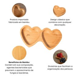 Petisqueira Dupla em Bambu Formato de Coração Porta Petisco Cozinha Yoi - 3