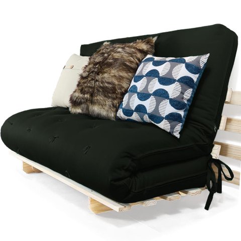Sofa Cama Casal Futon Oriental Verde Militar Com Madeira Maciça