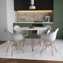Ver imagem 1 de Mesa Jantar Redonda 110cm Branca Clips 3 Pés com 4 Poltronas Brancas Eames Eiffel Base Cobre