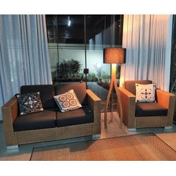 Luminária Abajur Chão Coluna Ipanema Cedro Cúpula Tecido Preto - 2