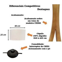 Luminária Abajur Chão Coluna Ipanema Cedro Cúpula Tecido Preto - 4