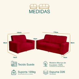 Conjunto Sofá 1,74 X 1,24m 3 e 2 Lugares Suede Roma - 4