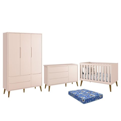 Dormitório Infantil Theo Retrô 3 Portas, Cômoda 1 Porta, Berço Rosa com Pés Amadeirado e Colchão - R