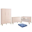 Ver imagem 1 de Dormitório Infantil Theo Retrô 3 Portas, Cômoda 1 Porta, Berço Rosa com Pés Amadeirado e Colchão - R