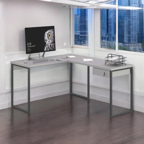 Mesa Home Office Escrivaninha L Shine Cinza com Gaveteiro