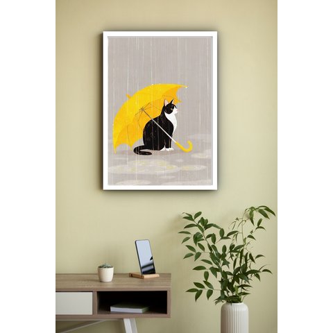 Quadro Decorativo Gato Sombrinha Amarela - 70x50cm:moldura Branca