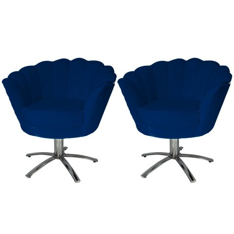 Kit 2 Poltronas Decorativa Pétala Base Giratória Metal Suede Azul Marinho Ms Decor