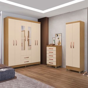 Kit Guarda Roupa Casal 6 Portas 2 Gavetas com Espelho Comoda 5 Gavetas e Multiuso Carvalho Off White