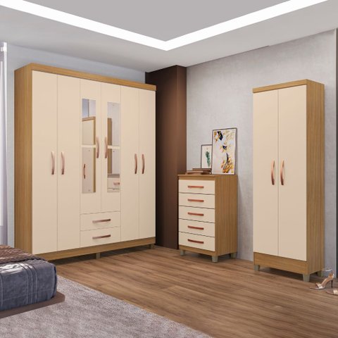 Kit Guarda Roupa Casal 6 Portas 2 Gavetas com Espelho Comoda 5 Gavetas e Multiuso Carvalho Off White