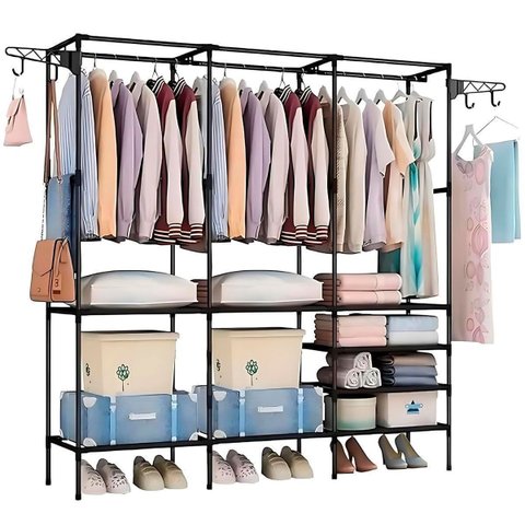 Guarda-roupa Portátil Arara Multifuncional Desmontável 3 Colunas
