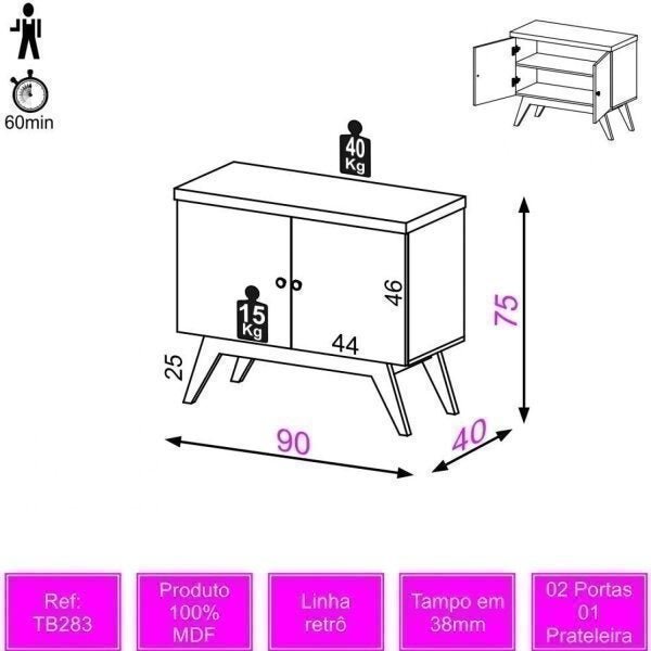 Balcão Buffet 2 Portas 1 Prateleira 90cm Retrô - 5