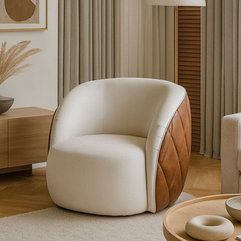 Poltrona Decorativa Fixa 87cm Hermon Courino Caramelo | Boucle Suave Off White - Sallar Home