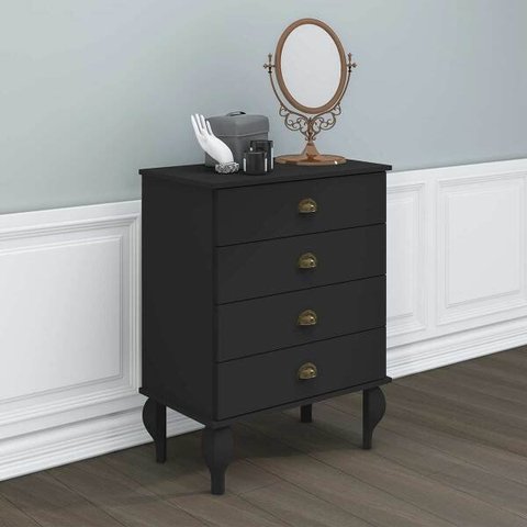 Cômoda Clássica para Quarto 70 Cm Preto 4 Gavetas Pés Luiz XV Madeira MDP Preto - ClickLar