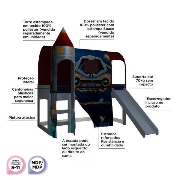 Cama com Esc. Joy com Dossel Space 1 Torre e Luz de Led Pura Magia - 3