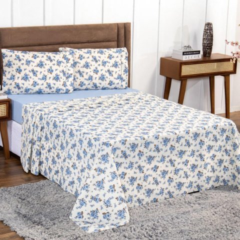 Jogo de Lençol Casal Padrão 4 Peças 100% Algodão Floral Azul