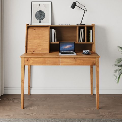 Mesa Estudo 110 Cm Estante Madeira Rolltop 2 Gavetas Freijó Alisa