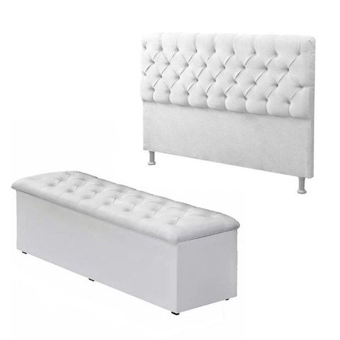 Cabeceira Mais Calçadeira Baú Casal Queen 160cm Para Cama Box Sofia Corino Branco