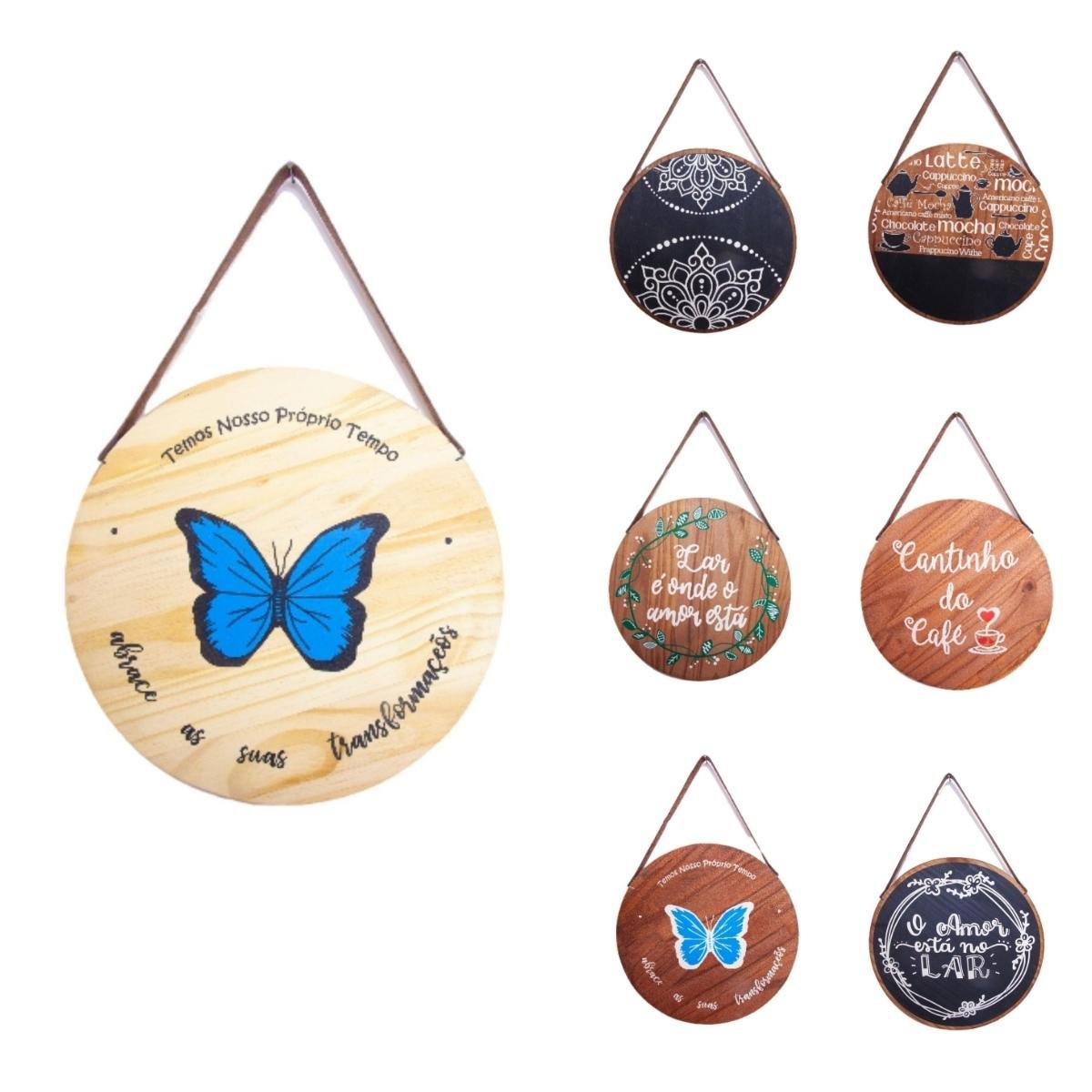 Kit 2 Quadros Decorativos 28x28 Cm Madeira Arte Frase Café Cor:BorboletaNatural