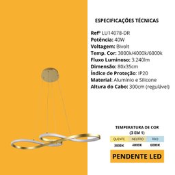 Pendente Lumier Infinity 40w Três Temperaturas 3000k|4000k|6000k Dourado 3.240lm - 7