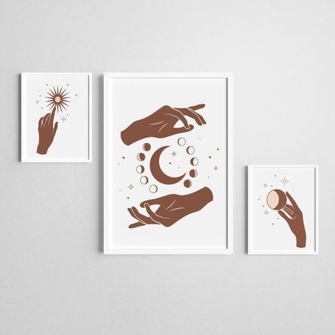 Kit 3 Quadros Moldura Branca Mãos e Lua 20x30cm e 40x60cm