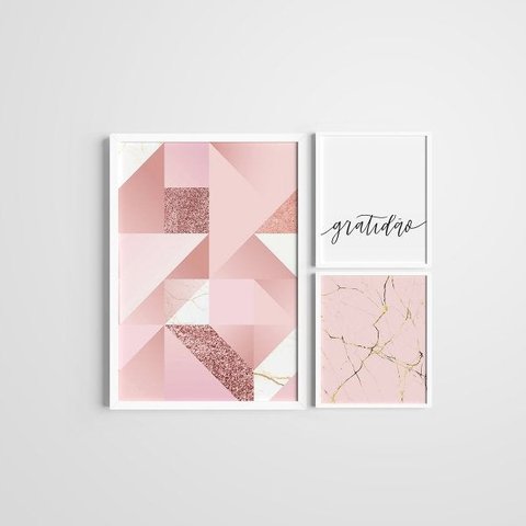 Kit 3 Quadros Moldura Branca Rosa Gratidão 20x30cm e 40x60cm