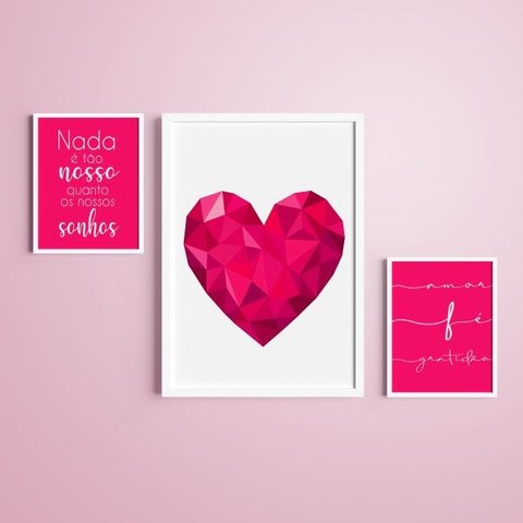 Kit 3 Quadros Moldura Branca Amor e Fé 20x30cm e 40x60cm