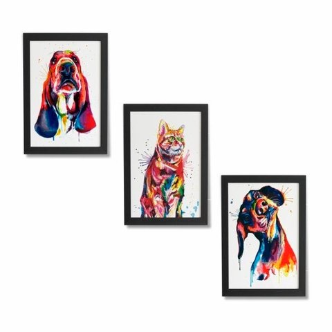 Kit 3 Quadros Moldura Preta Cachorro Gato Colorido 20x30cm