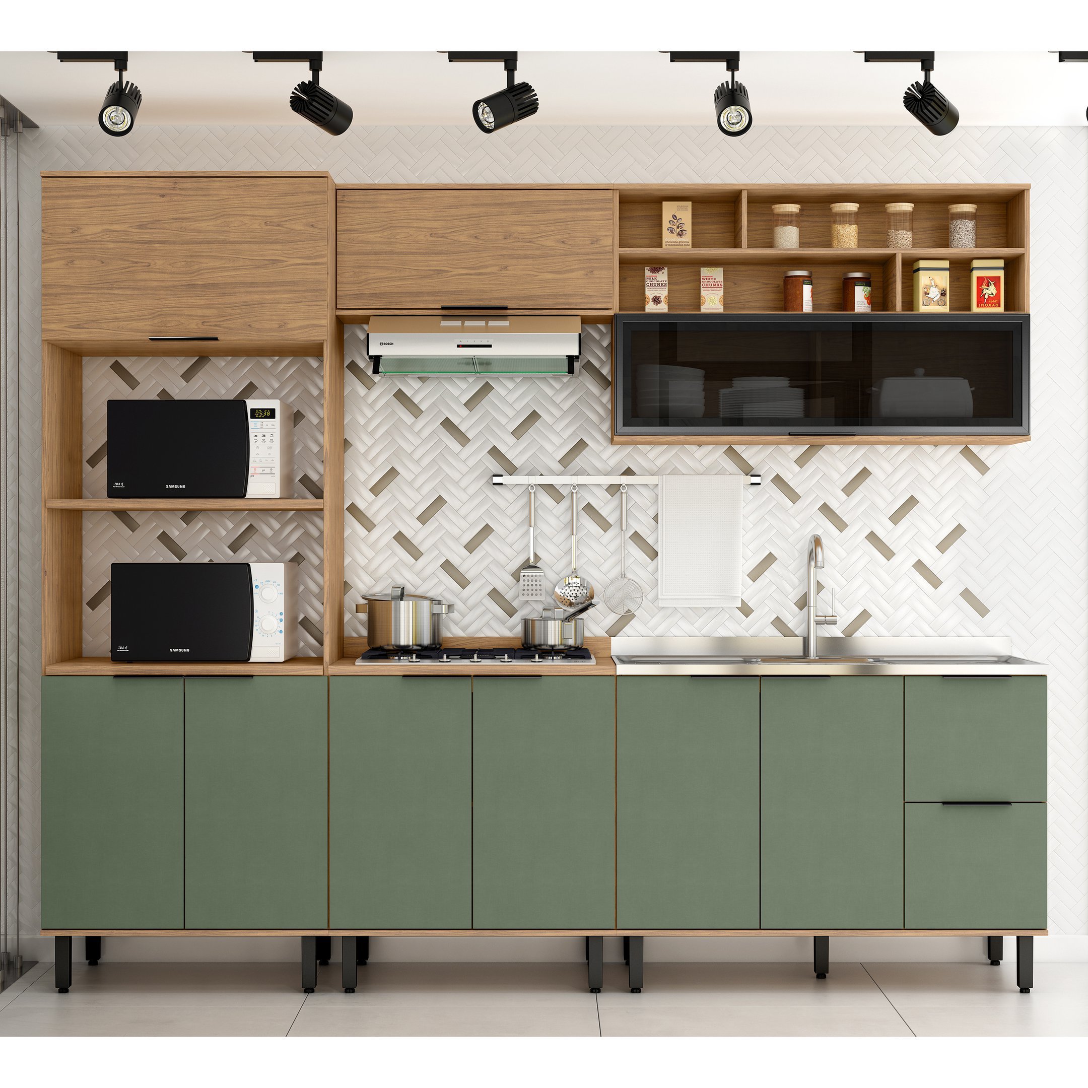 Cozinha Modulada Completa MDF 5 Peças Lombardia com Porta de Vidro - cor Freijó Jade