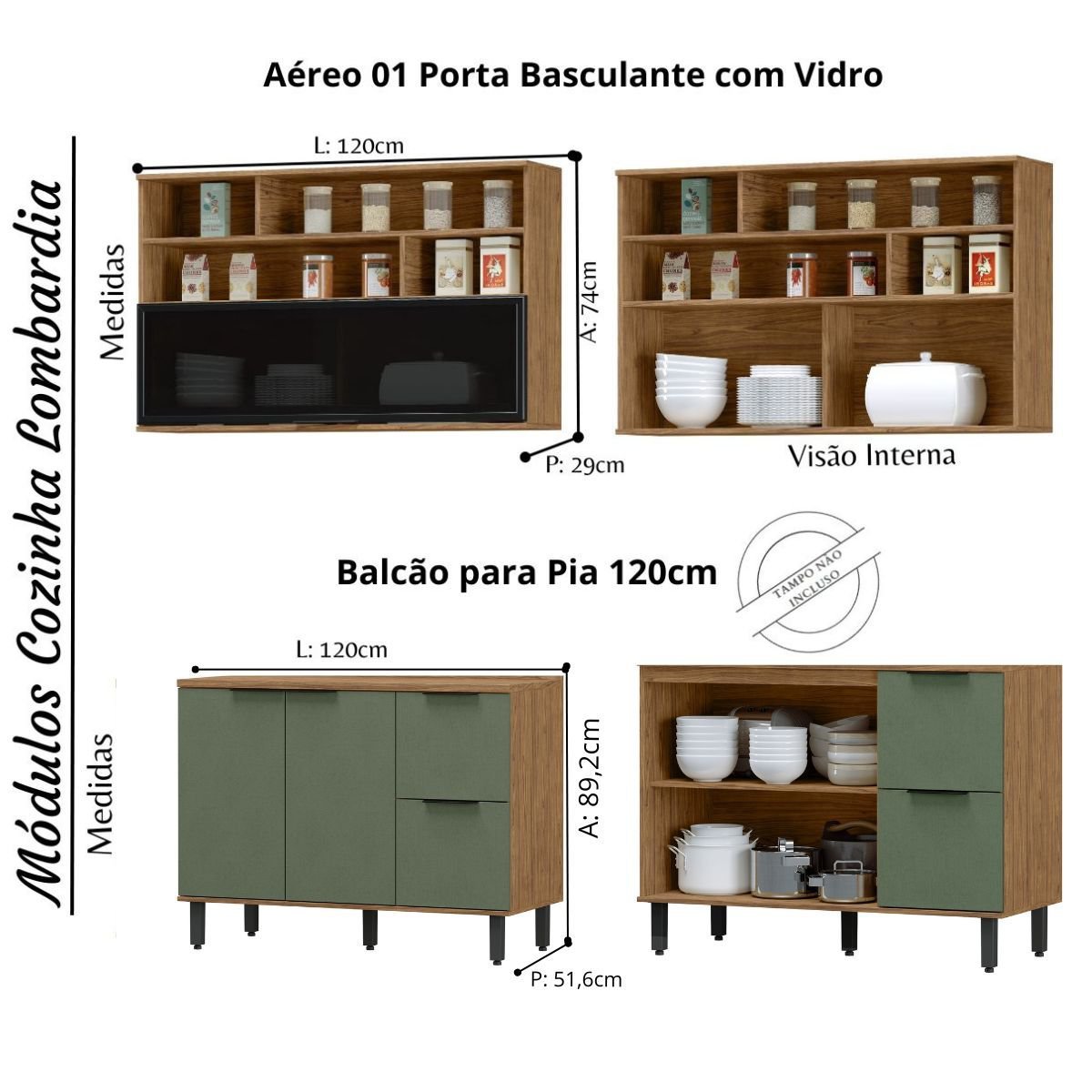 Cozinha Modulada Completa MDF 5 Peças Lombardia com Porta de Vidro - cor Freijó Jade - 2