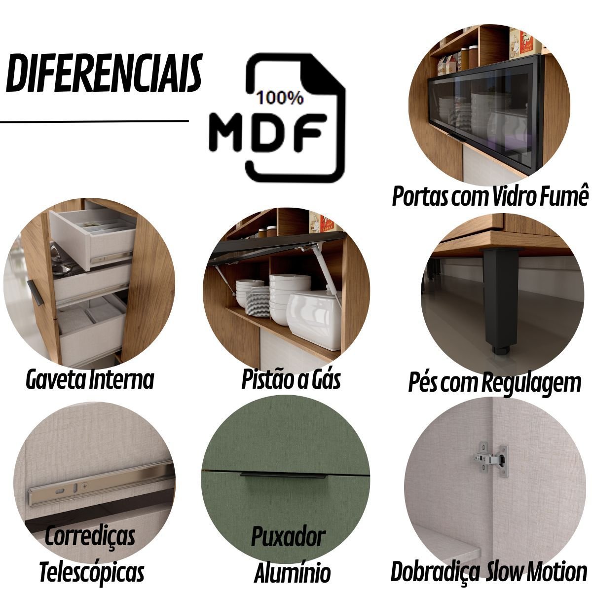 Cozinha Modulada Completa MDF 5 Peças Lombardia com Porta de Vidro - cor Freijó Jade - 5