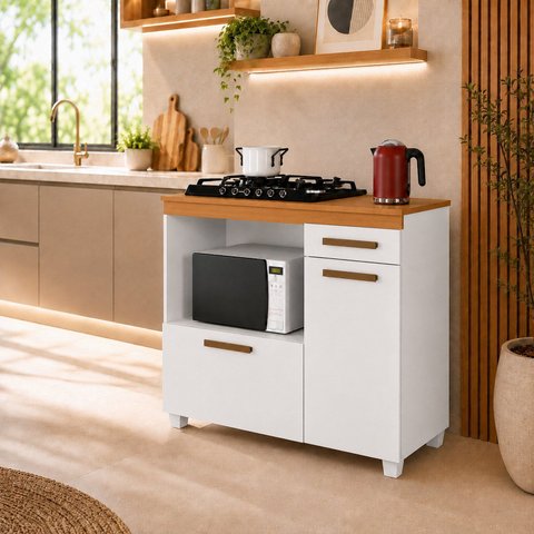 Balcão Cooktop 4 Bocas Tampo MDF 2 Portas 1 Gaveta com Nicho Micro-Ondas Cronos Espresso Móveis