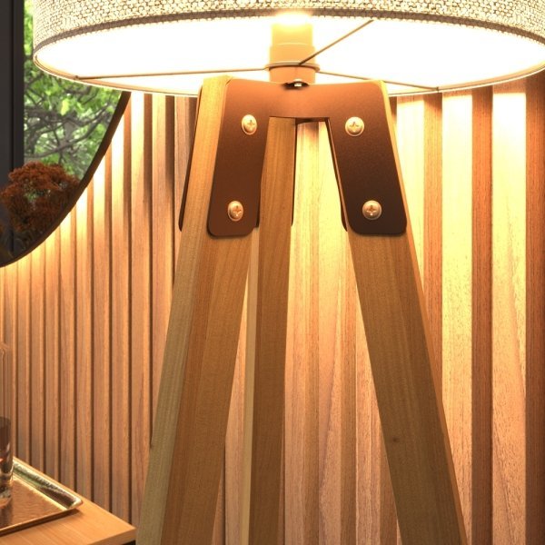 Abajur de Chão Alto Tripé Moderno Madeira Cedro Eros com Cúpula Tecido Bege - para Sala Quarto Escri - 2