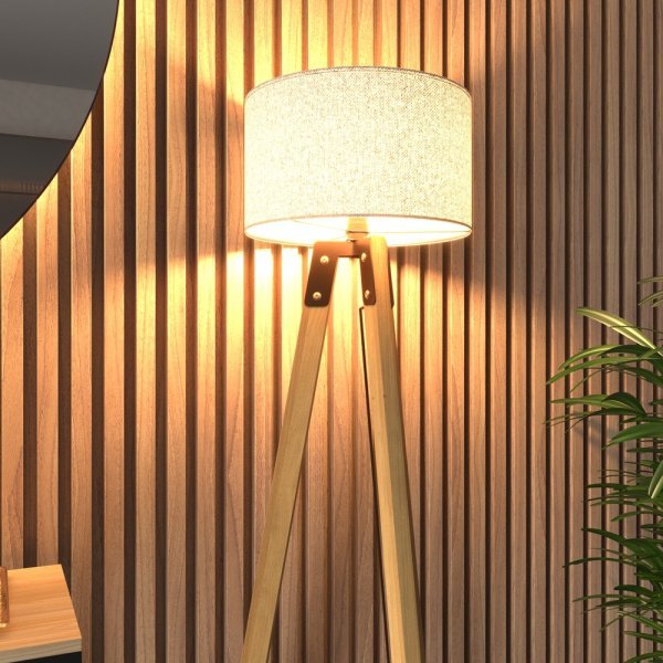 Abajur de Chão Alto Tripé Moderno Madeira Cedro Eros com Cúpula Tecido Bege - para Sala Quarto Escri - 1