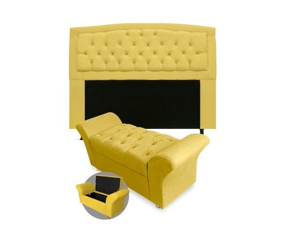 CONJUNTO CABECEIRA BOX QUEEN 160CM COSTA RICA + RECAMIER BARCELONA SUEDE AMARELO - DUBAI DECOR - 1