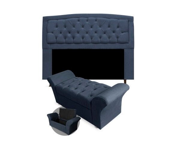 CONJUNTO CABECEIRA BOX QUEEN 160CM COSTA RICA + RECAMIER BARCELONA SUEDE AZUL MARINHO- DUBAI DECOR - 1