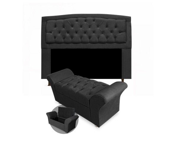 CONJUNTO CABECEIRA BOX CASAL 140CM COSTA RICA+RECAMIER BARCELONA SUEDE PRETO - VH MOVEIS - 1