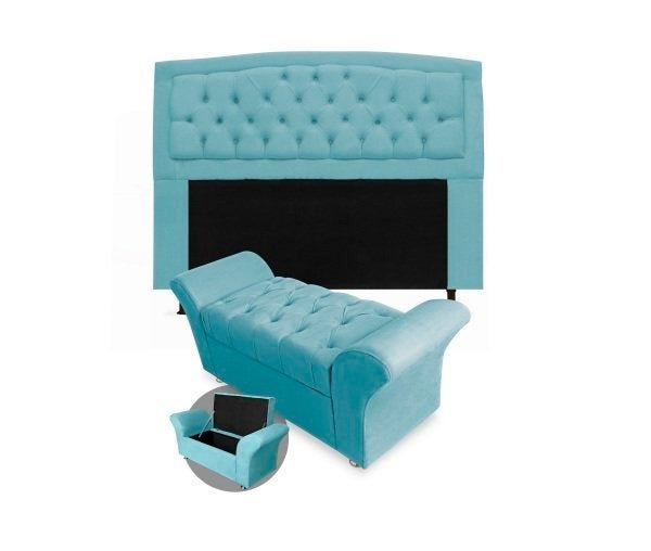 CONJUNTO CABECEIRA BOX SOLTEIRO 90CM COSTA RICA + RECAMIER BARCELONA SUEDE AZUL TURQUESA - VH DECOR - 1