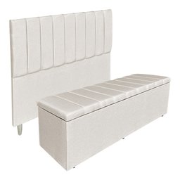 Kit Cabeceira e Calçadeira Baú Casal Queen 1,60m Londres Linho Bege Dal Poz Estofados - 1