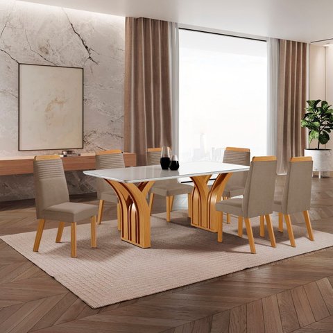 Conjunto de Jantar Mesa Miami Tampo MDF e Vidro com 6 Cadeiras Catar Yescasa Marrom/Castanho Cinamomo/Capuccino/Off White