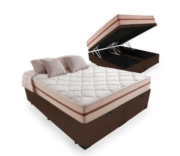 Cama Box Baú Queen 158 Tecido Sintético Marrom com Colchão de Molas Ensacadas - Anjos Classic 22x158 - 1