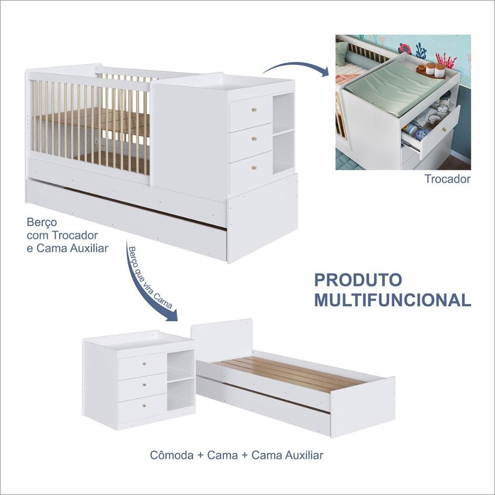 Berço Cama Multifuncional + Cama Auxiliar sem Colchão Branco Bb023 Completa Móveis - 5