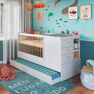 Berço Cama Multifuncional + Cama Auxiliar sem Colchão Linha Bb Branco Bb023 Completa Móveis