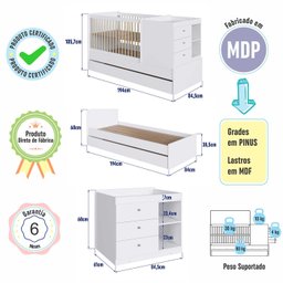 Berço para Quarto Infantil 2 em 1 com Cama Auxiliar 194 Cm Cor:branco - 4