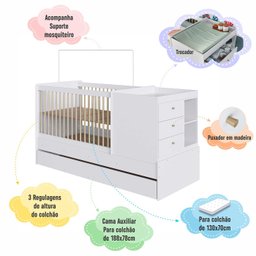 Berço para Quarto Infantil 2 em 1 com Cama Auxiliar 194 Cm Cor:branco - 5
