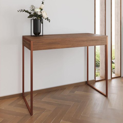 Aparador Industrial Retangular Califórnia Amêndoa 137x40cm Base Cobre - Cor: Marrom