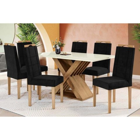 Conjunto: Mesa de Cozinha Graviola Tampo Madeirado C/ Vidro 90x180cm e 6 Cadeiras 2cad150 Nogueira/