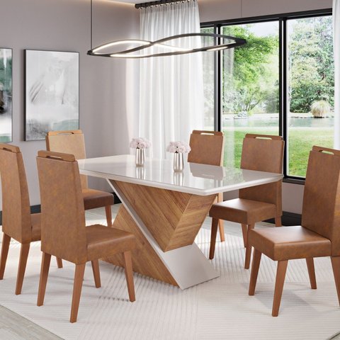 Conjunto para Sala de Jantar 6 Cadeiras Carvalho Marrom/Mel/Off White