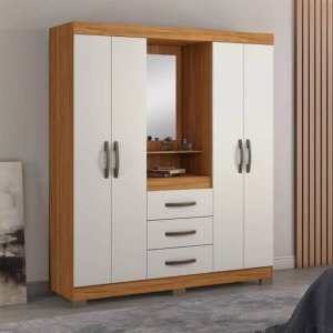 Guarda-roupa Notável Capelinha 5015 com 4 Portas de Bater 3 Gavetas e Espelho - Freijó Trend/off