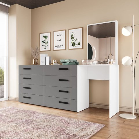 Conjunto Cômoda e Penteadeira Moderna com Espelho 8 Gavetas 210cm Lisboa Politorno Móveis