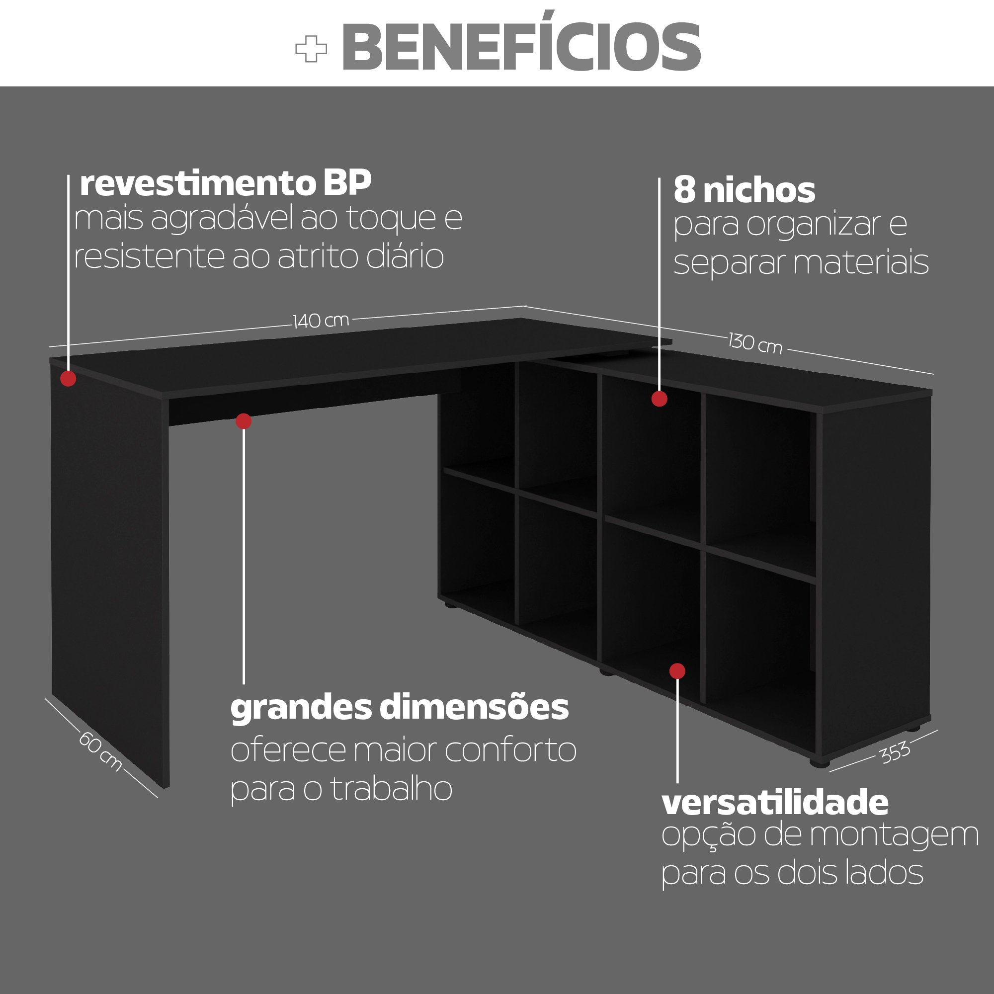 Escrivaninha Ergonômica e Atemporal em L com 8 Nichos para Armazenamento Nero Artany - 7